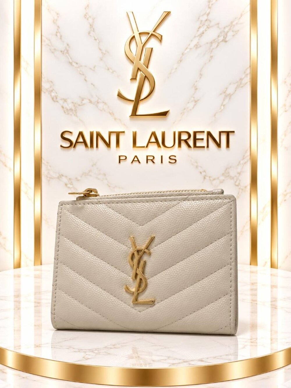 Saint Laurent YSL Monogram Quilted Cream Leather Zip Card Holder Wallet